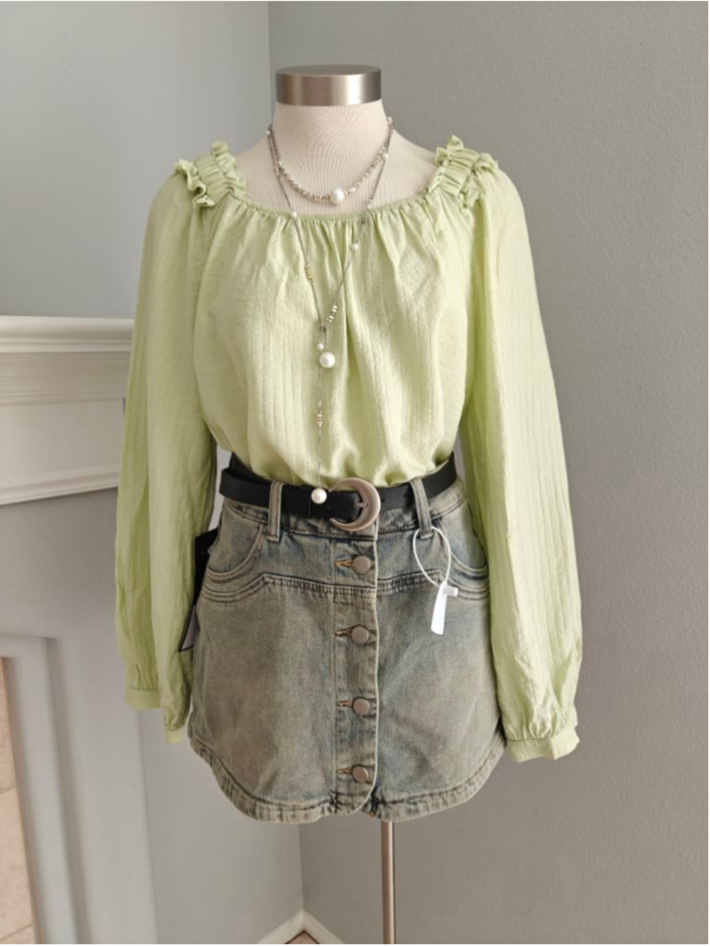 Pastel Green Peasant Blouse | Ruffle Trim Off-Shoulder Top | Cottagecore Boho To